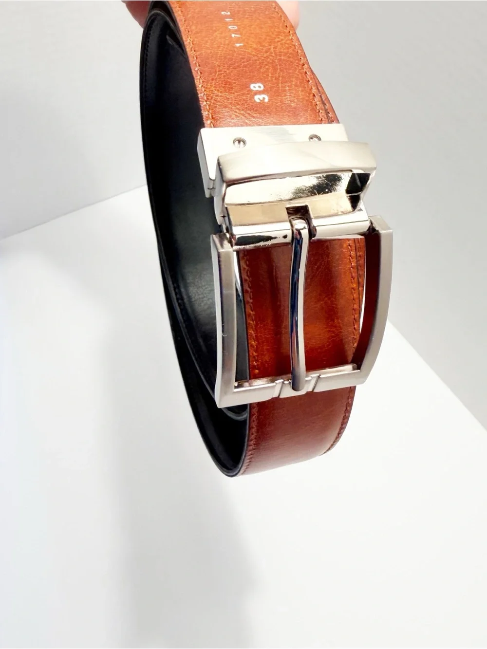 Men's Reversible Black/Brown Leather Dress Belt with Brushed Silver Buckle